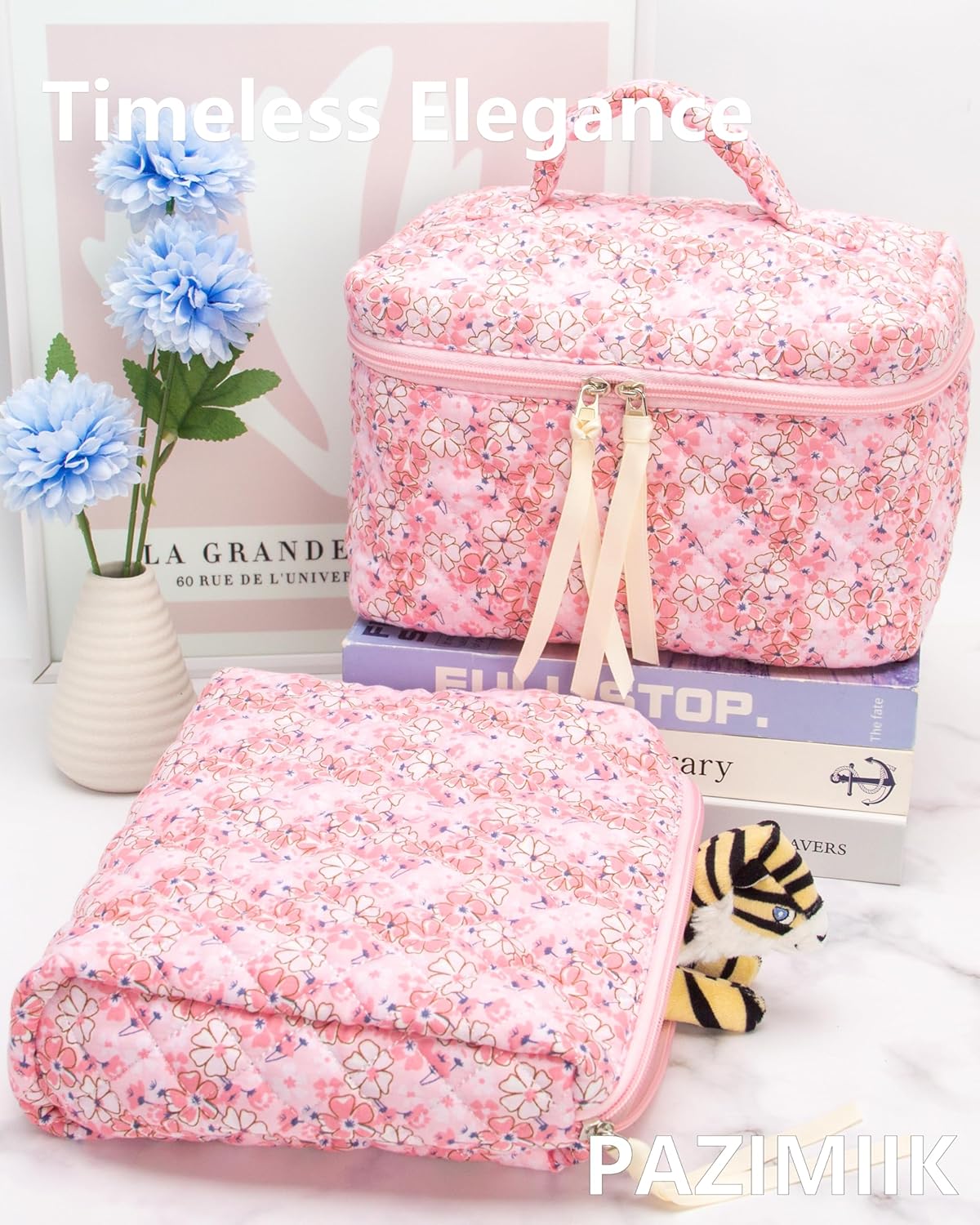 PAZIMIIK Quilted Makeup Bag Large Travel Zipper Soft Cosmetic Case for Women Girls Make Up,Pink Flower