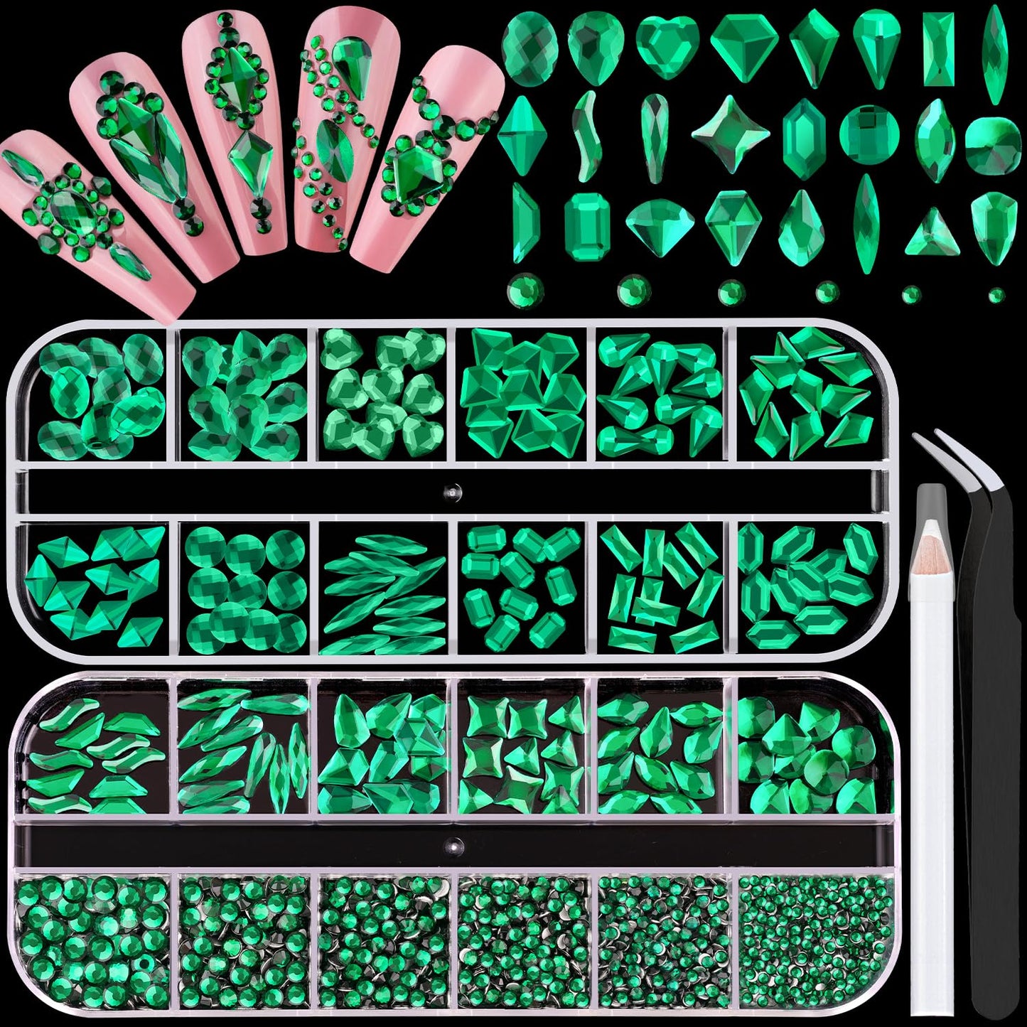 1680Pcs Emerald Green Glass Nail Rhinestones 180Pcs Multi Shapes Flatback Nail Gems + 1500Pcs 1.5-4mm Round Crystal, Manicure Nail Charms Diamond Gemstone for Acrylic Nails Decoration