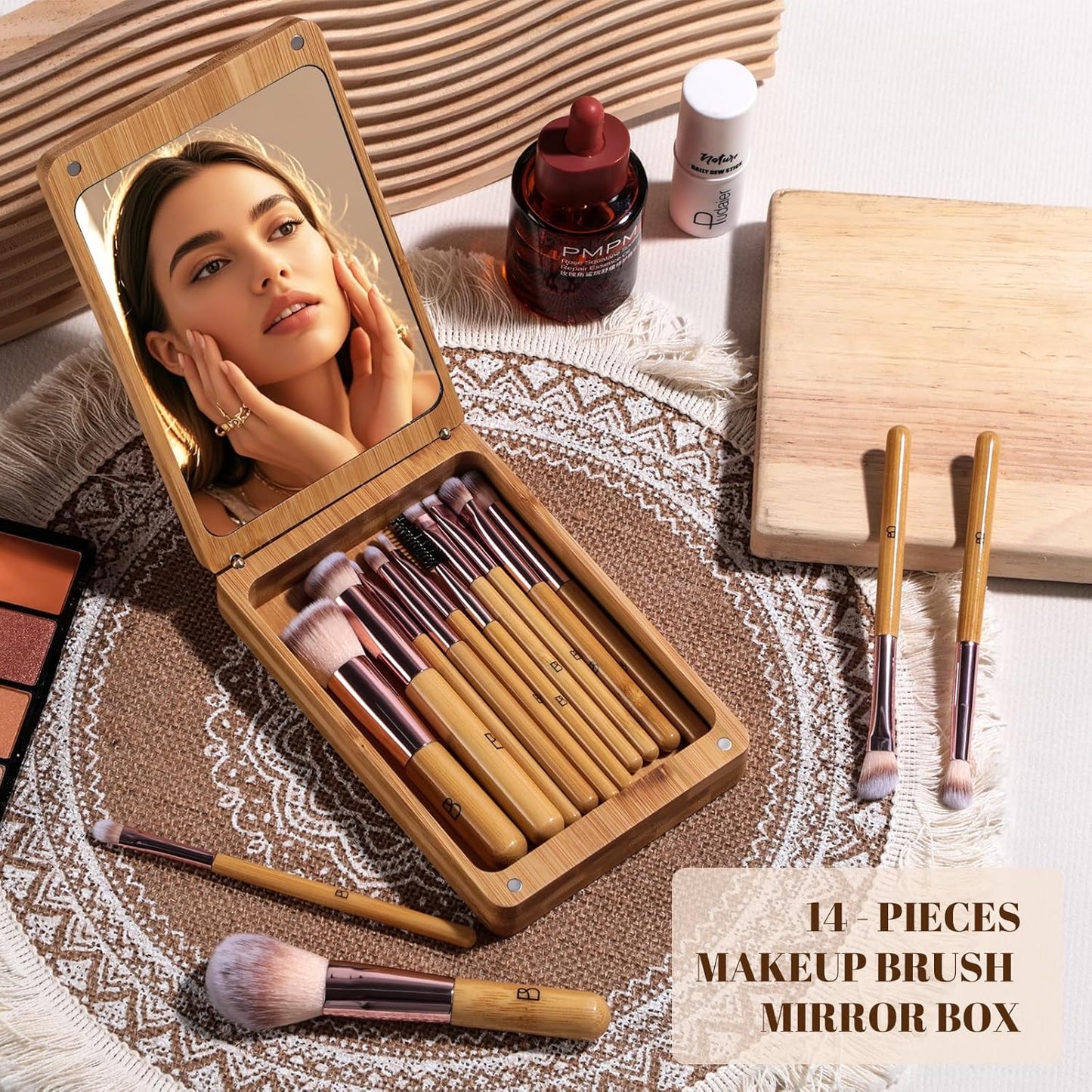 BS-MALL Travel Makeup Brush Set Kabuki Brushes Bamboo- Includes Eyeshadow Blush Brush & Foundation Brush For Liquid Makeup - 5X Magnifier Bamboo Mirror Case For Travel or On the Car Daily Use