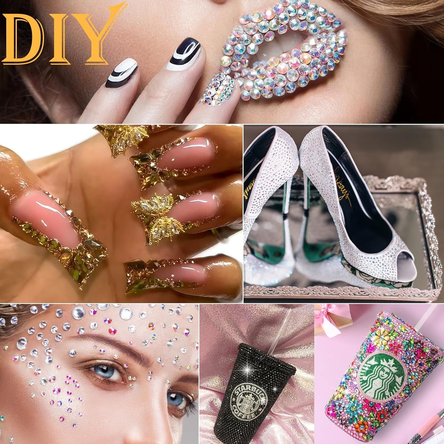 Canvalite 2784Pcs Gold Rhinestones Flatback Gems, Nail Rhinestones Nail Art Gems with Jewelry Glues, Pick Up Tweezers and Rhinestone Picker Dotting Pen, Nail Art Tools for Nails, Clothes, Face, Craft