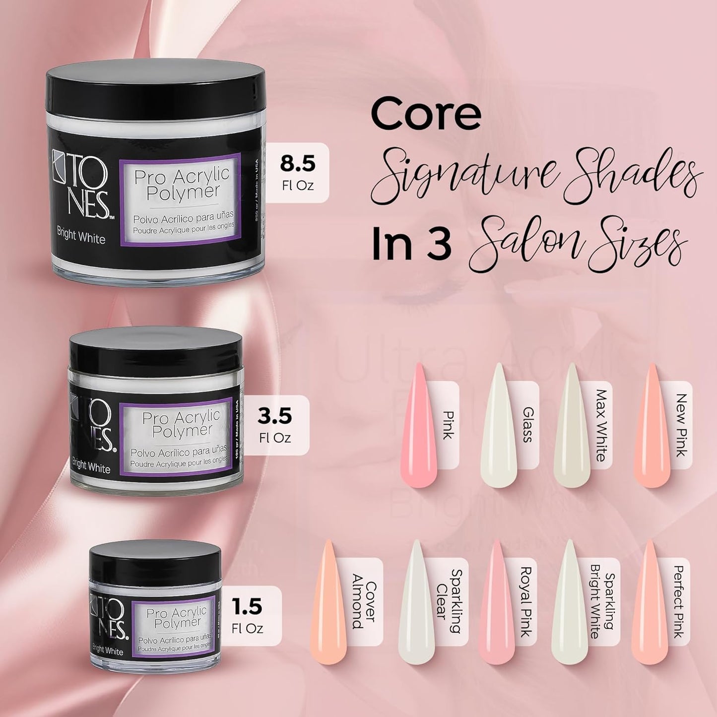 Tones Pro Acrylic Nail Powder, Sparkling Bright White (Opaque Off-White), (8.5 Fl Oz) - Long-Lasting & Non-Yellowing Polymer for Salon Quality Nail Extensions & 3D Art