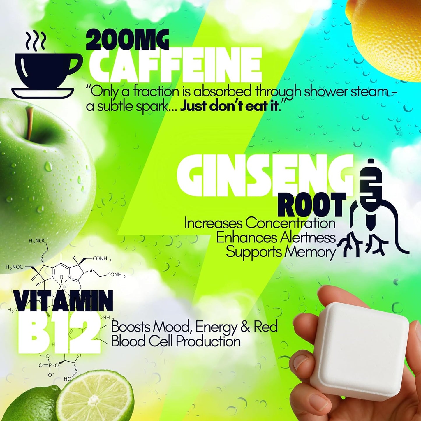 Shower Steamers | Energy | XL 80g Long Lasting | Caffeine, B12, Ginseng, & Menthol | Gift for Men & Women | Extra Strength Aromatherapy for Focus & Productivity | Sour Citrus | STiiMPAK (8 Pack)