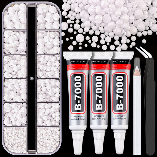 Resin Rhinestones for Crafting with B7000 Jewelry Glue, 1 Box White Flatback Crystals with 3Pcs 10ml Glue for Bedazzling Crafts DIY Nail Art Makeup，Non Hotfix Gems for Clothing Shoes