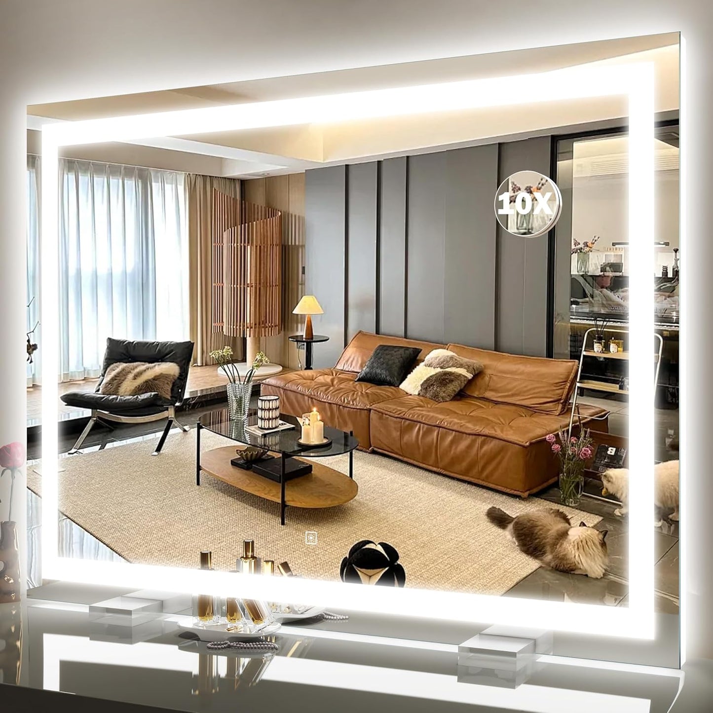 42x32 Inch Lighted Vanity Mirror, 3-Color Lighting & Dimmable Modes, Large LED Makeup Mirror for Bathroom/Dressing Room (Wall/Tabletop Mount, White)