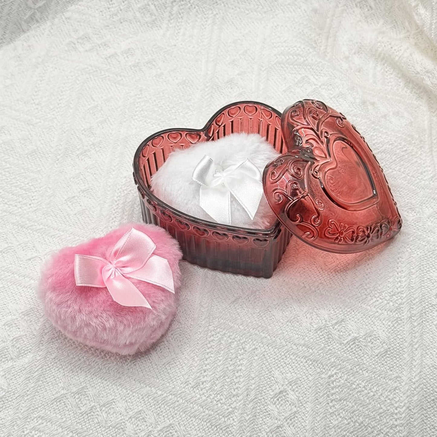 Body Powder Puff and Container - Glass Heart Dusting Powder Container with 2 Soft Puffs Vintage Powder Puff Case for Women & Girls-GRB007-Red