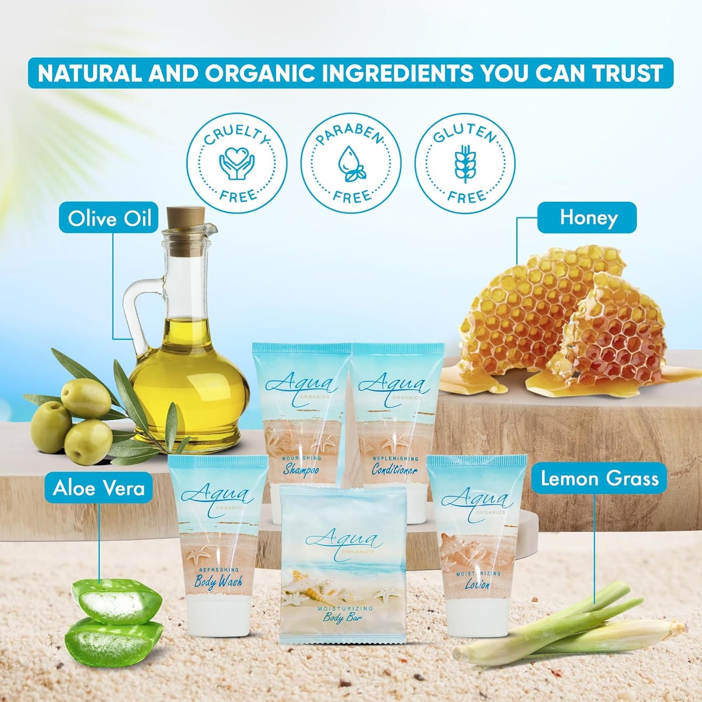 Aqua Organics Hotel Soaps and Toiletries Bulk Set | 1oz Hotel Shampoo & Conditioner, Body Wash, Body Lotion & 1oz Bar Soap Travel Size | Half Pallet 21 cases with 300 units each - 6,300 pieces