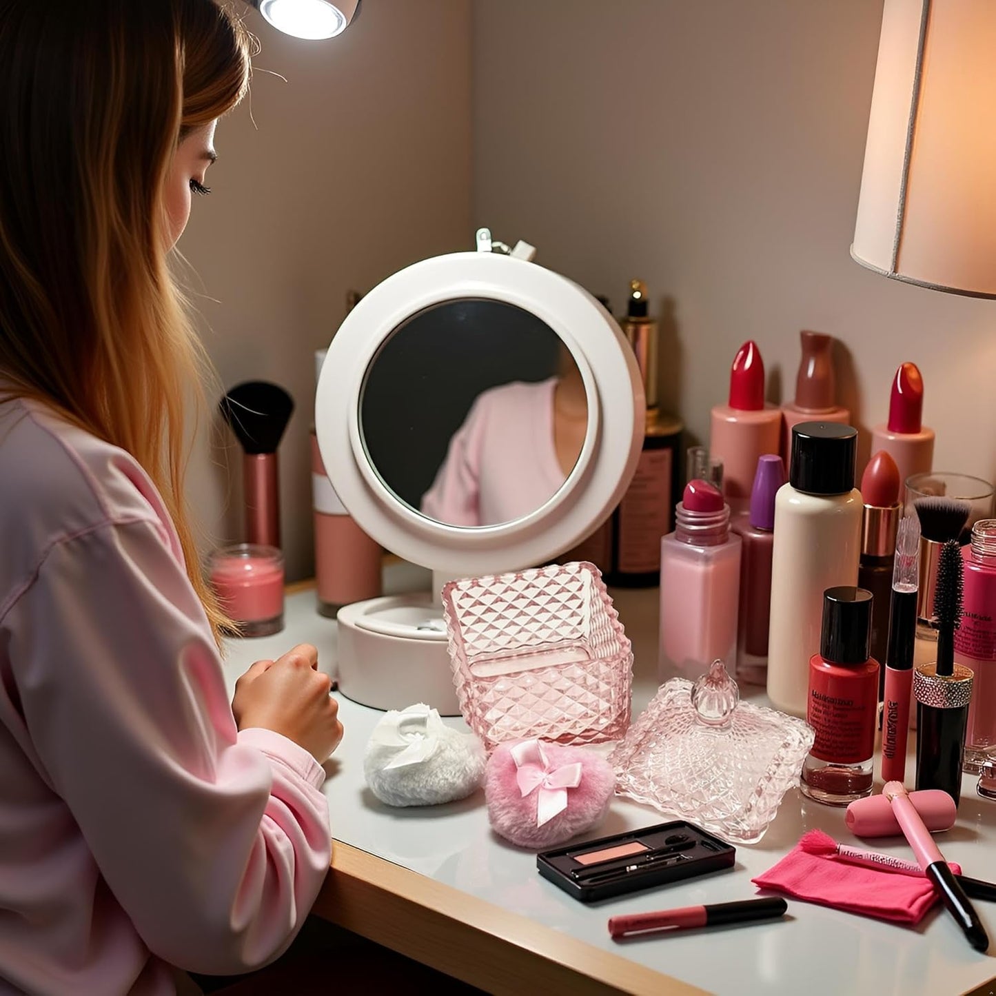 Body Powder Puff and Container - Glass Dusting Powder Container with 2 Soft Puffs Vintage Powder Puff Case for Women & Girls (3.93x3.93x5.9 H in)-GRB009-Pink