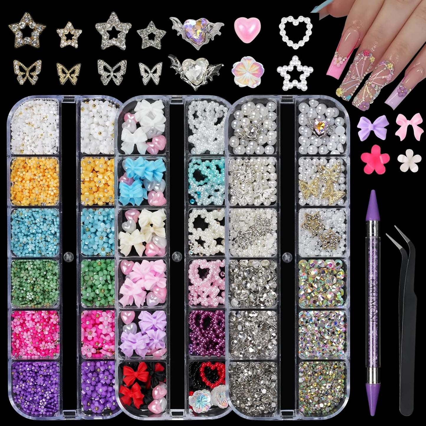 Nail Rhinestones , AB Crystal Nail Gems Flat Back Nail Rhinestones with Nail Pearls Star Heart Bows FLower Nail Charms and Rhinestone Picker Tools for Kwaii Y2K Nail Art Decor - 3 Boxes