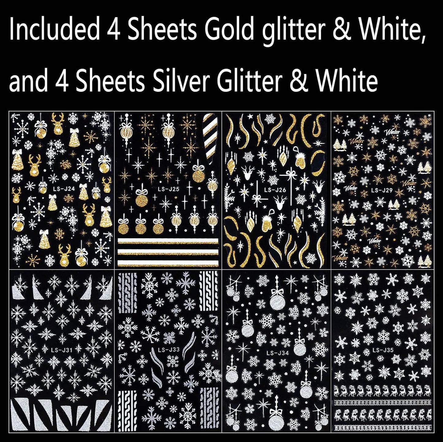 8 Sheets Christmas Glitter Nail Art Stickers Decals Self-Adhesive Pegatinas Uñas Holiday Gold Silver Reindeer Line Snowflake Nail Supplies Nail Art Design Decoration Accessories