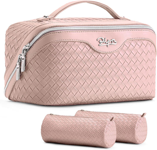 BOYATU Travel Makeup Bags for Women: Large Cosmetic Bag Waterproof - Vegan Leather Make up Bag Set of 3 - Compact Toiletry Organizer with Compartments & Handle & Divider (L02 Light Pink)