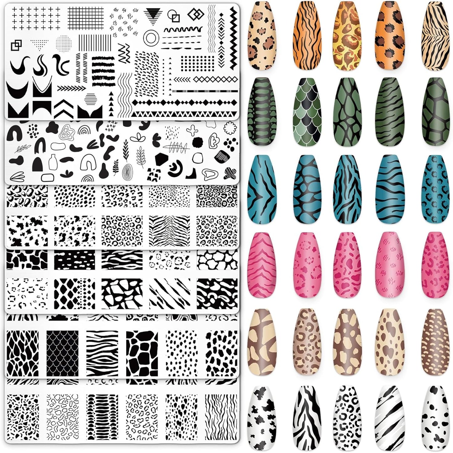 Whaline 6Pcs Animal Print Nail Plates Stamping Set Leopard Print Stamp Templates Nail Art Plates for DIY Print Manicure Salon Design Gift