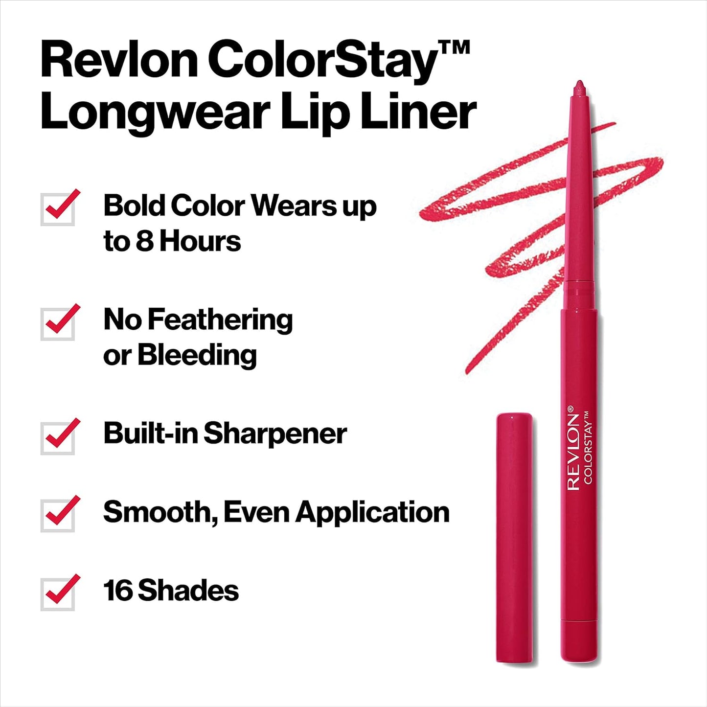 Revlon Colorstay Lip Liner Makeup with Built-In Sharpener, Longwear Rich Colors, Smooth Application, 713 Ruby, 0.01 oz