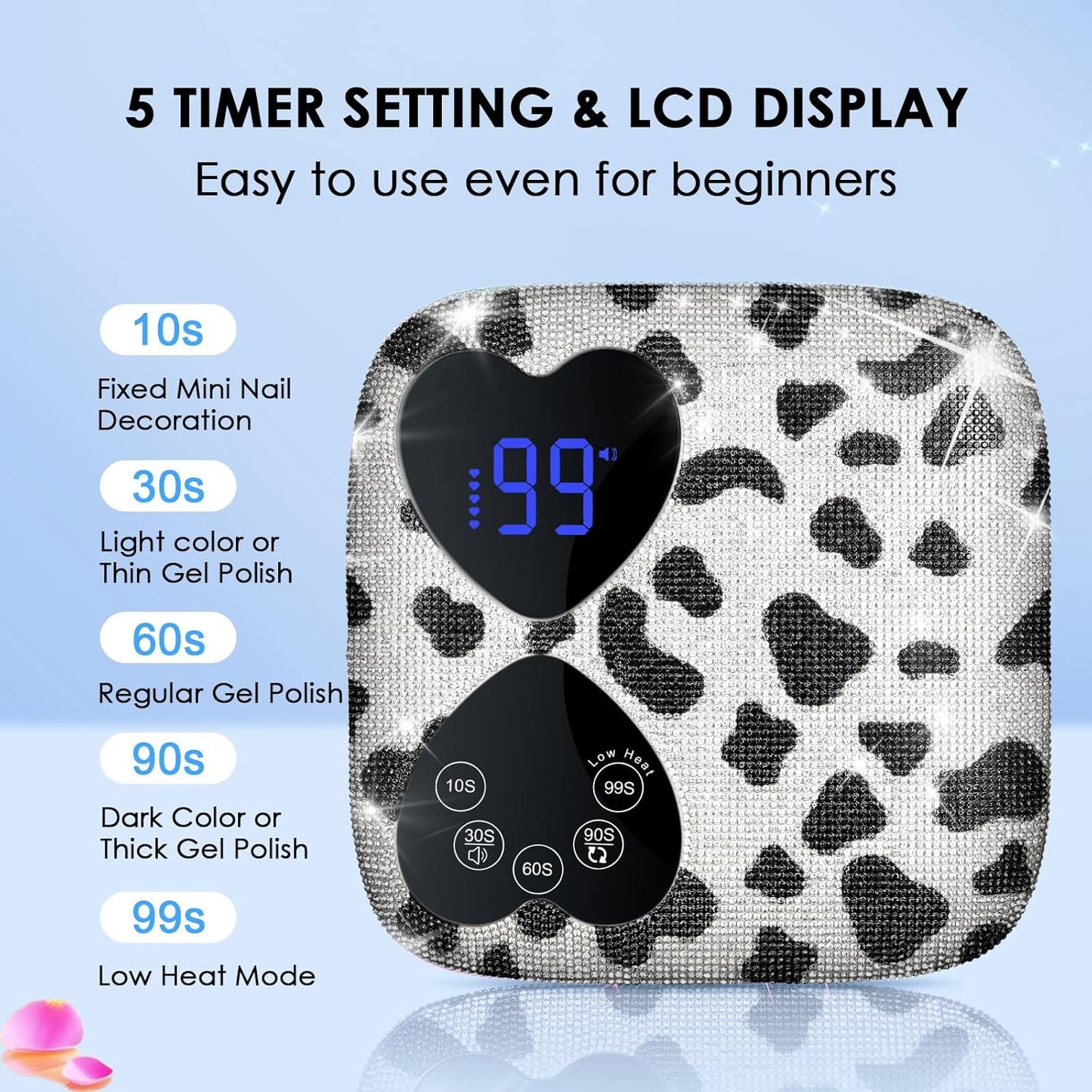 UV LED Nail Lamp Cordless, HUITINE 80W Rechargeable UV Light for Gel Nails with 5 Timers & Mirror Base, Professional Gel Light Dryer, Sparkling Rhinestones Curing Lamp for Salon & Home (Cow Diamond)