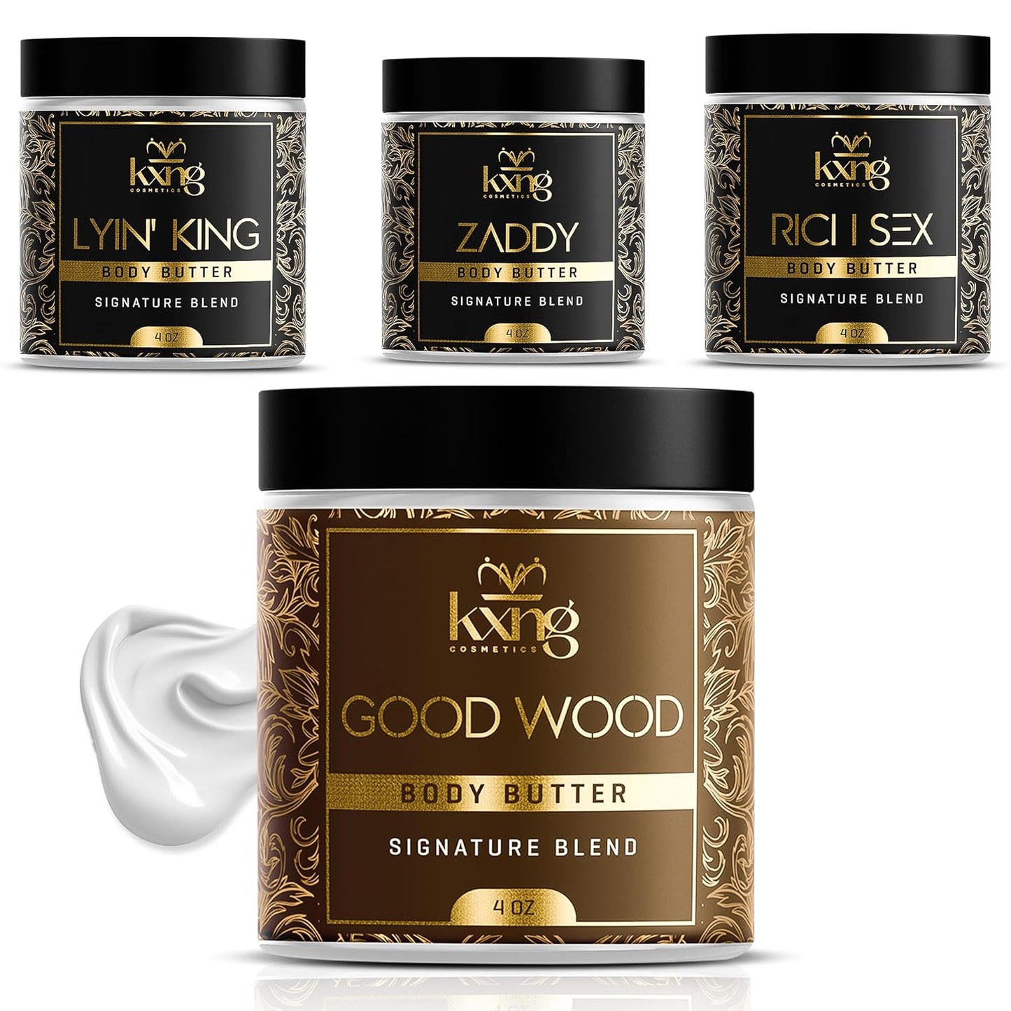 KXNG Cosmetics, Body Butter, Organic Skin Care for Men and Women, Body Moisturizer Lotions and Creams, Raw Shea Butter, Cocoa Butter, Mango, Coconut Oil, Hand, Foot, All Skin Types (4oz 4-pack)
