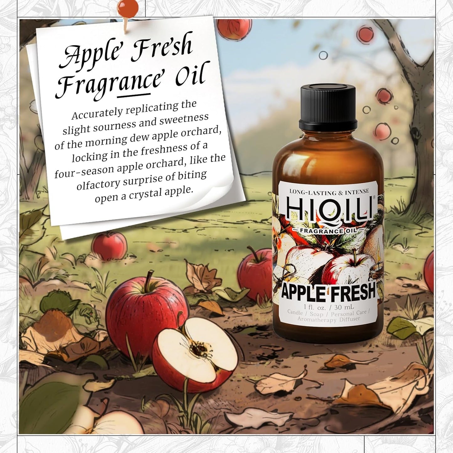 HIQILI Apple Fresh Fragrance Oil for Home Diffuser, Candles, Soaps, Bath Bombs & Perfume Making, Long-Lasting Fruity Scent - 1 Fl Oz