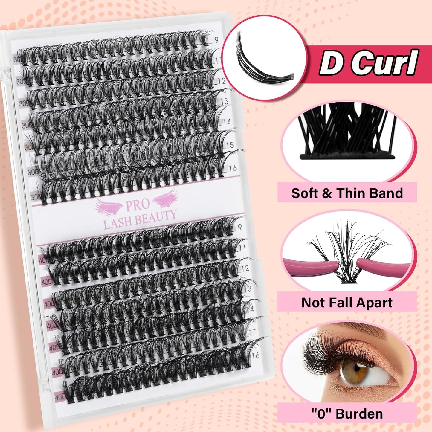 Individual Lashes 280 Pcs 30D+40D Mixed Lash Clusters 14 Rows that Look Like Eyelash Extensions DIY Lash Extension Self Application At Home (30+40-D-9-16mix)