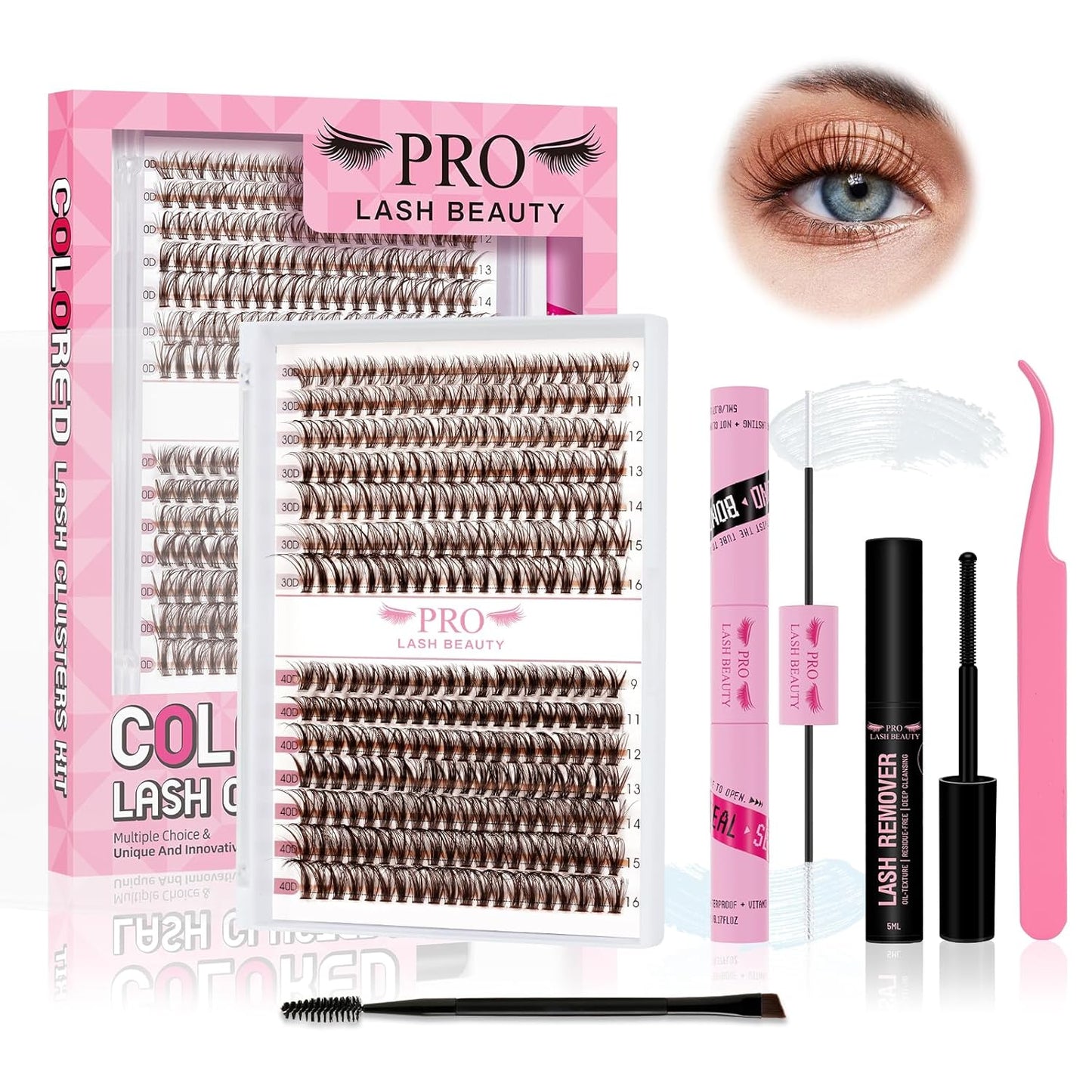 Brown Lash Extension Kit 280pcs Brown Lash Clusters Eyelash Extension Kit With Lash Bond And Seal Lash Remover Lash Applicator Eyelash Brush Easy to Apply at Home for Self Use (30D+40D-9-16mix Kit)