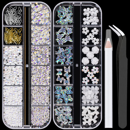 Mixed 3D Nail Art Gem Decoration Accessories Kit #7, Aurora Bear Bow Butterfly Starry AB Rhinestone Charm Jewelry for Deco, Pearl Flower Caviar Bead Stone Crystal with Pickup Pencil and Tweezer
