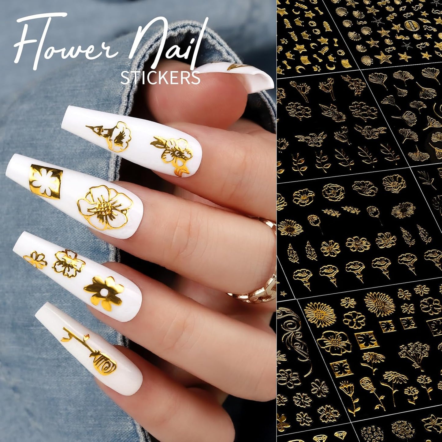 Teenitor 50 Sheets Nail Stickers for Nail Art, Nail Decals Gold Nail Stickers for Kids Women in Fall Winter Halloween Christmas, Nail Decorations