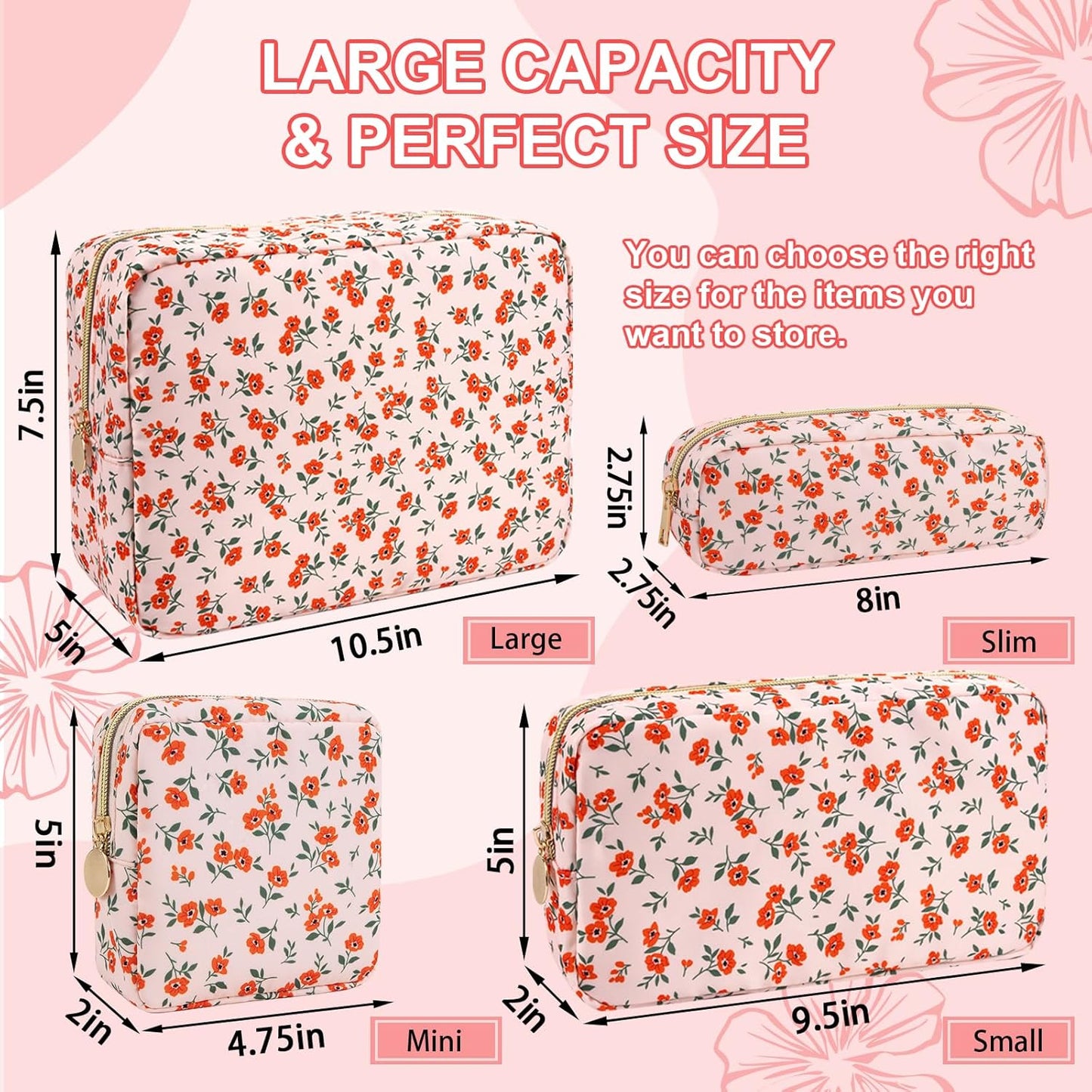Waterproof Small Floral Makeup Bag Pouch for Purse,Nylon Flower Cosmetic Bag Preppy Travel Toiletry Storage Bag for Women Girl,Cute Makeup Organizer Bag Skincare Bag with Zipper(Small Pink-Flowers)