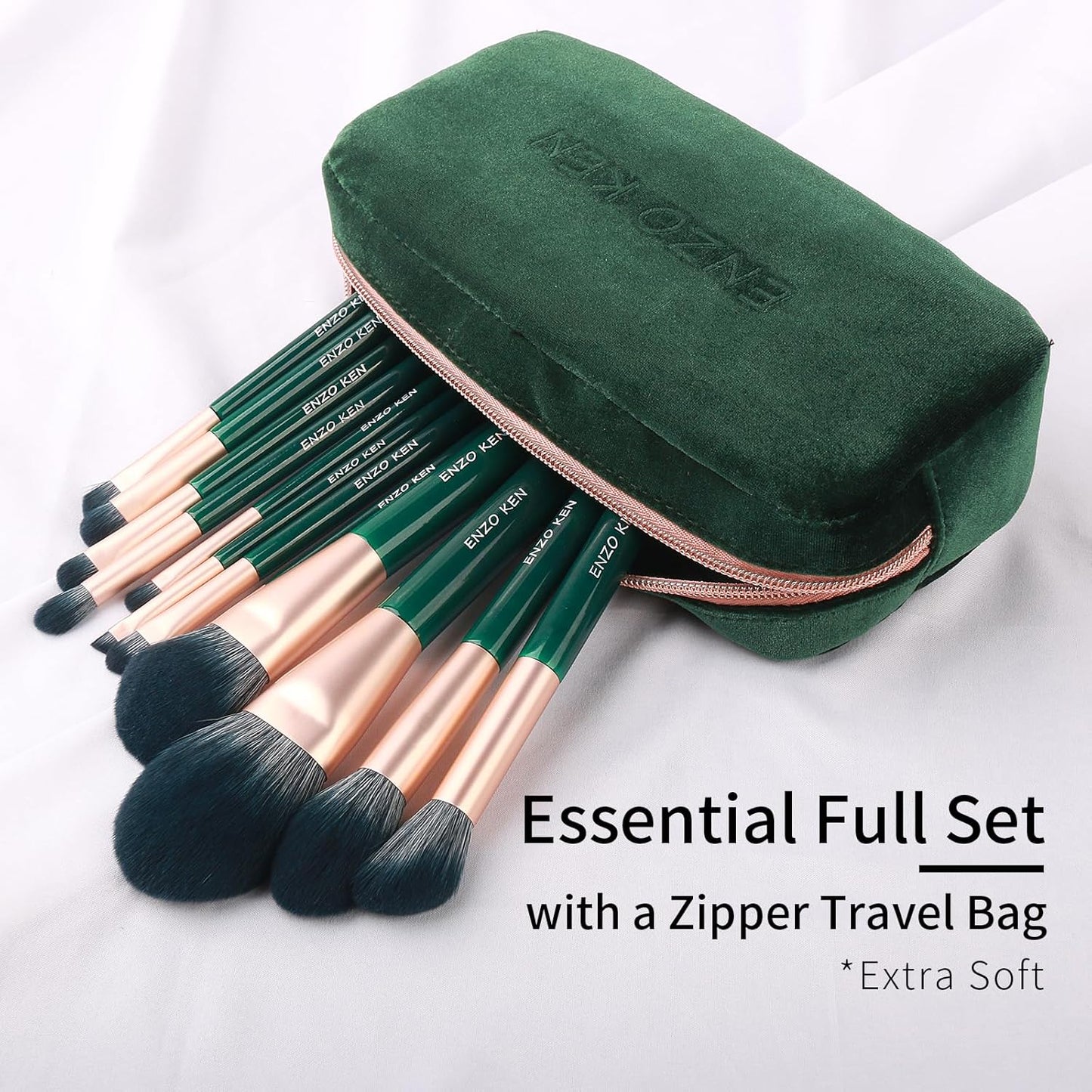 Natural Fiber & Goat Hair Makeup Brush Set Professional, Combined Hair Makeup Brushes Set with Case by Luxury ENZO KEN, Emerald Green Cosmetic Brushes Makeup Set, Natural Bristle Makeup Brushes.