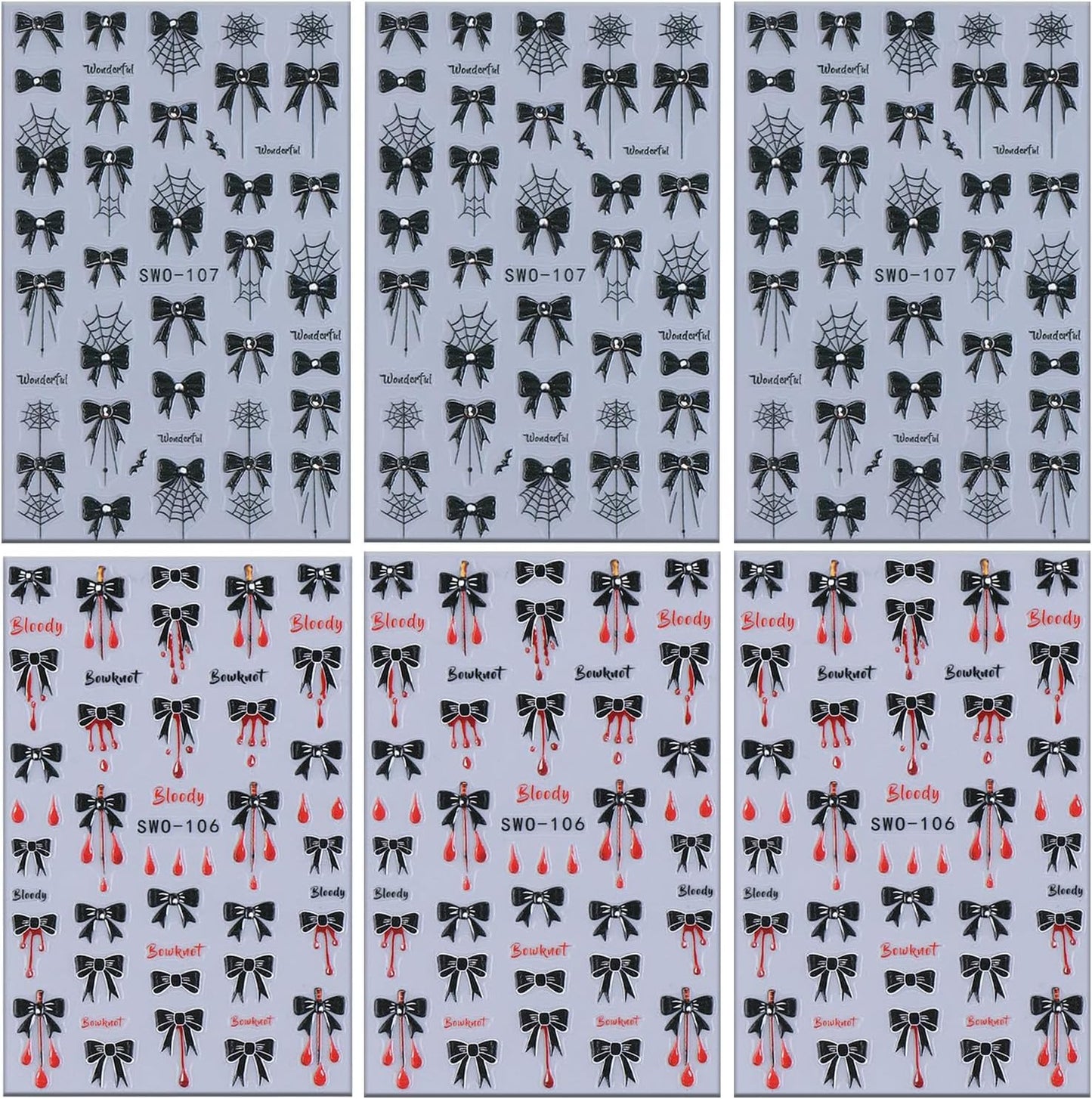 6 Sheets Halloween Nail Art Stickers 3D Self -Adhesive Black Bow Spider Web Nail Decals Holographic Bat Blood Drops Nail Stickers Halloween Nail Decoration for Women Manicure Supplies