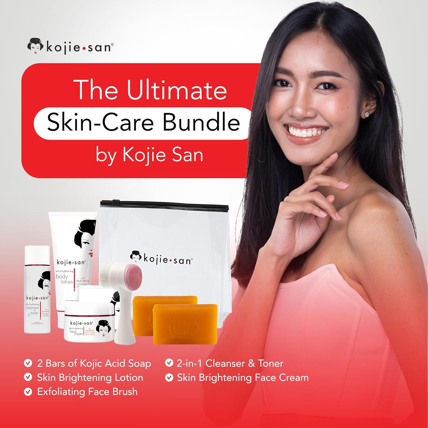 Kojie San Face & Body Shower Set - The Original Kojic Acid Soap that Reduces Visibility of Dark Spots, Hyperpigmentation, and Other types of Skin Damage – 135g x 2 Bars with Lotion, Cream and Toner