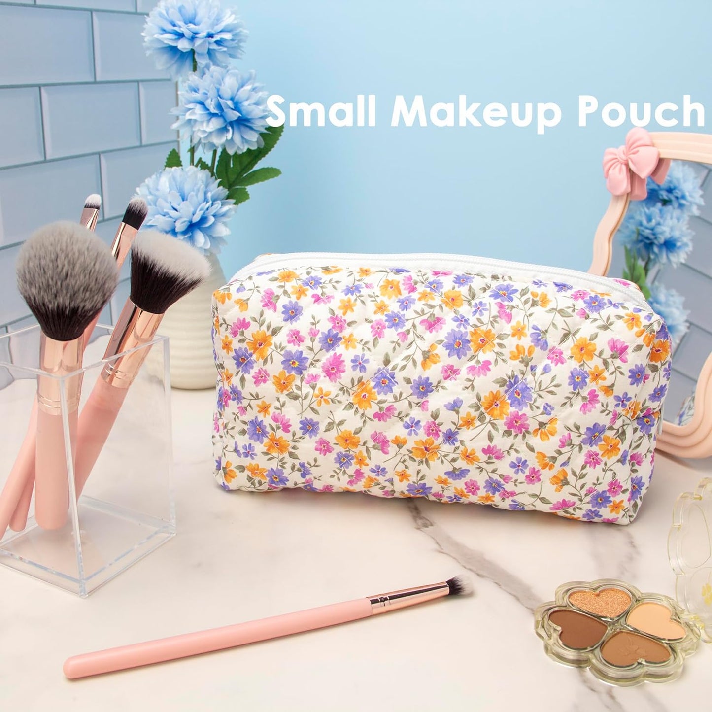PAZIMIIK Vintage Quilted Makeup Bag Cosmetic Pouch for Brushes Pencils and Travel Make Up Accessories for Women and Girls,Little flower