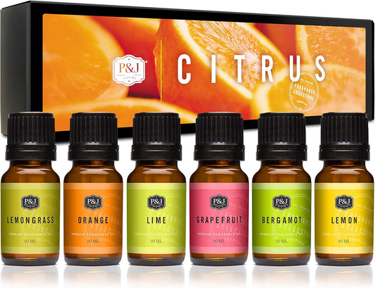 P&J Trading Citrus Set of 6 Fragrance Oils - Lemon, Lime, Orange, Bergamot, Grapefruit, Lemongrass Scents for Candle Making, Soap Making, Diffuser Oil