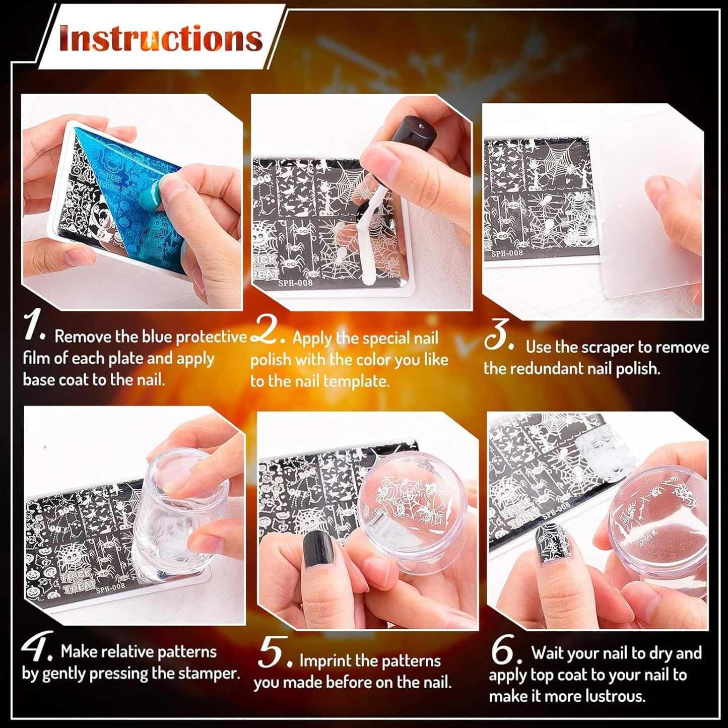 Whaline 6Pcs Halloween Nail Plates Stamping Set Pumpkin Ghost Bat Witch Stamp Templates Nail Art Plates for Trick or Treat Party DIY Print Manicure Salon Design