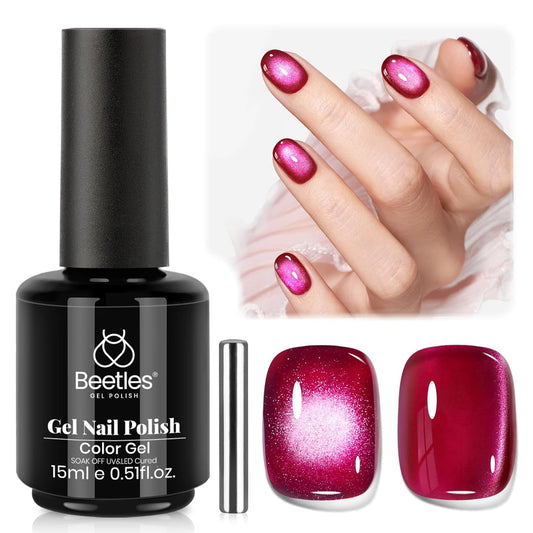 Beetles Red Cat Eye Gel Nail Polish - 15ML Cherry Red Glass Cat Eye Magnetic Glitter Gel Polish with Pink Powder Sheer Gel Soak Off UV Cherry Shimmer Collection Nail Art Design Manicure Gift for Women