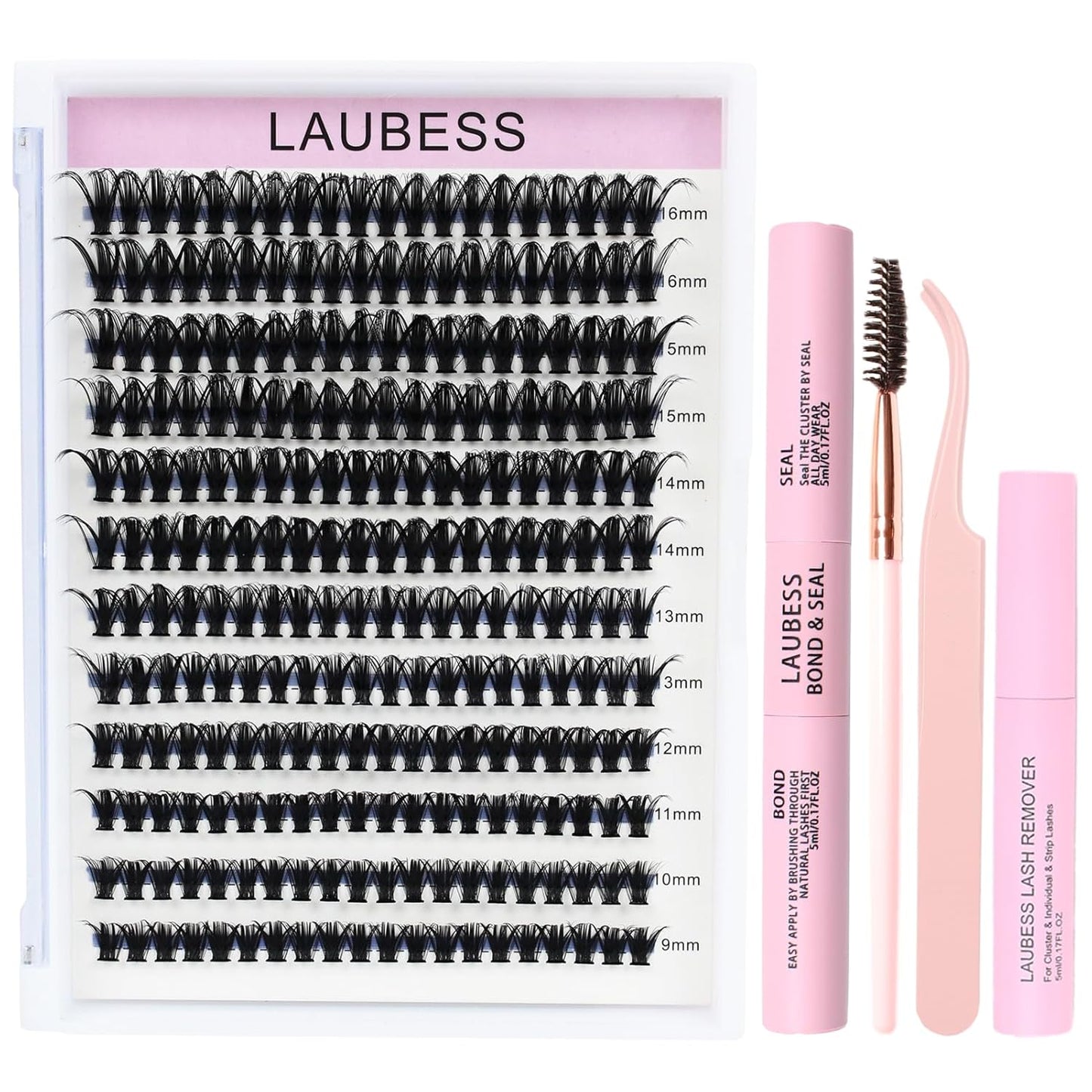 Lash Extension Kit LAUBESS Lash Clusters Kit Cluster Eyelash Extensions Kit Eyelash Clusters Lash Bond and Seal Waterproof Tweezers Brush Lash Glue Remover (Kit 50D-D-Mix9-16)