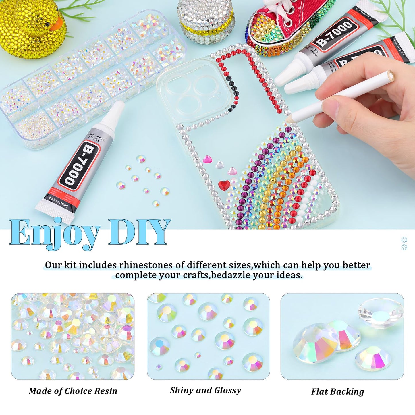 6000Pcs Resin Rhinestones for Bedazzling with 3Pcs B7000 Jewelry Glue, 1 Box Transparent AB Flatback Rhinestones for Crafting Crafts DIY, Crystals Gems for Clothing Shoes Tumblers Nail Art Makeup