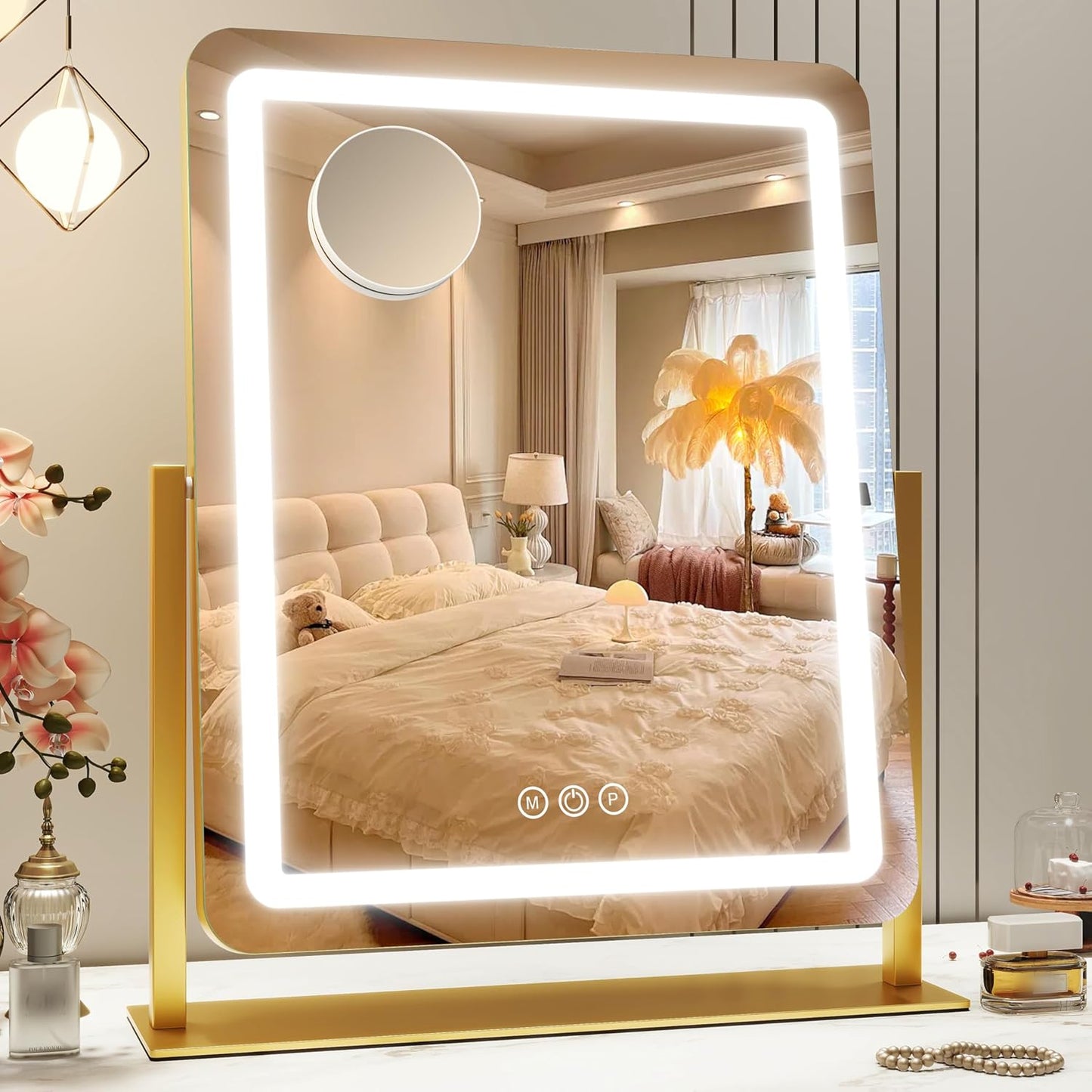 Vanity Mirror with Lights, 18"x22" LED Makeup Mirror with 10X Magnification, Smart Touch 3 Colors Dimmable, Light Up Mirror for Makeup Desk, 360° Rotation, Gold