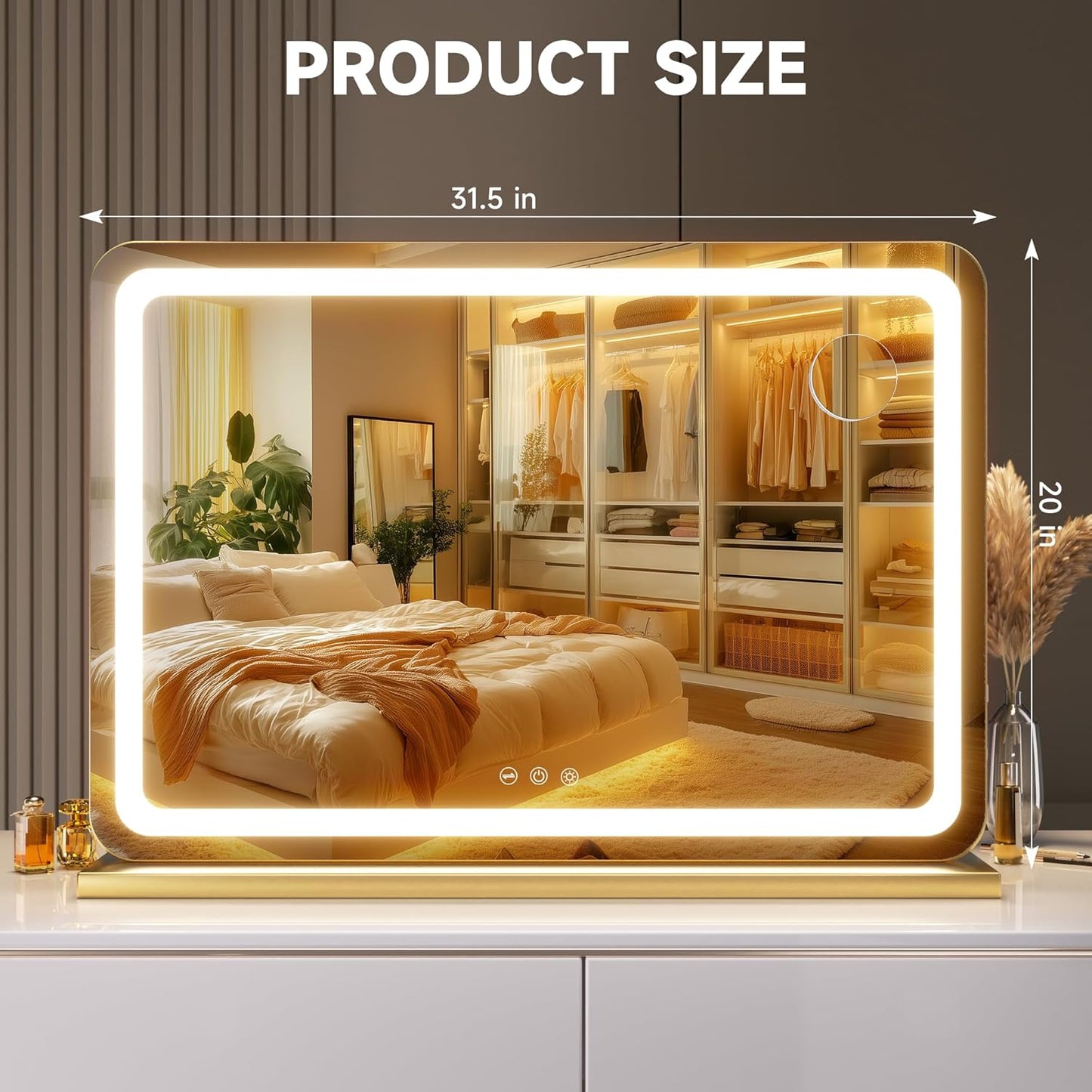 Hasipu Vanity Mirror with Lights, 31.5" x 20" LED Makeup Mirror, Lighted Makeup Mirror with Dimmable 3 Modes, Touch Screen Control Vanity Mirror Round Gold