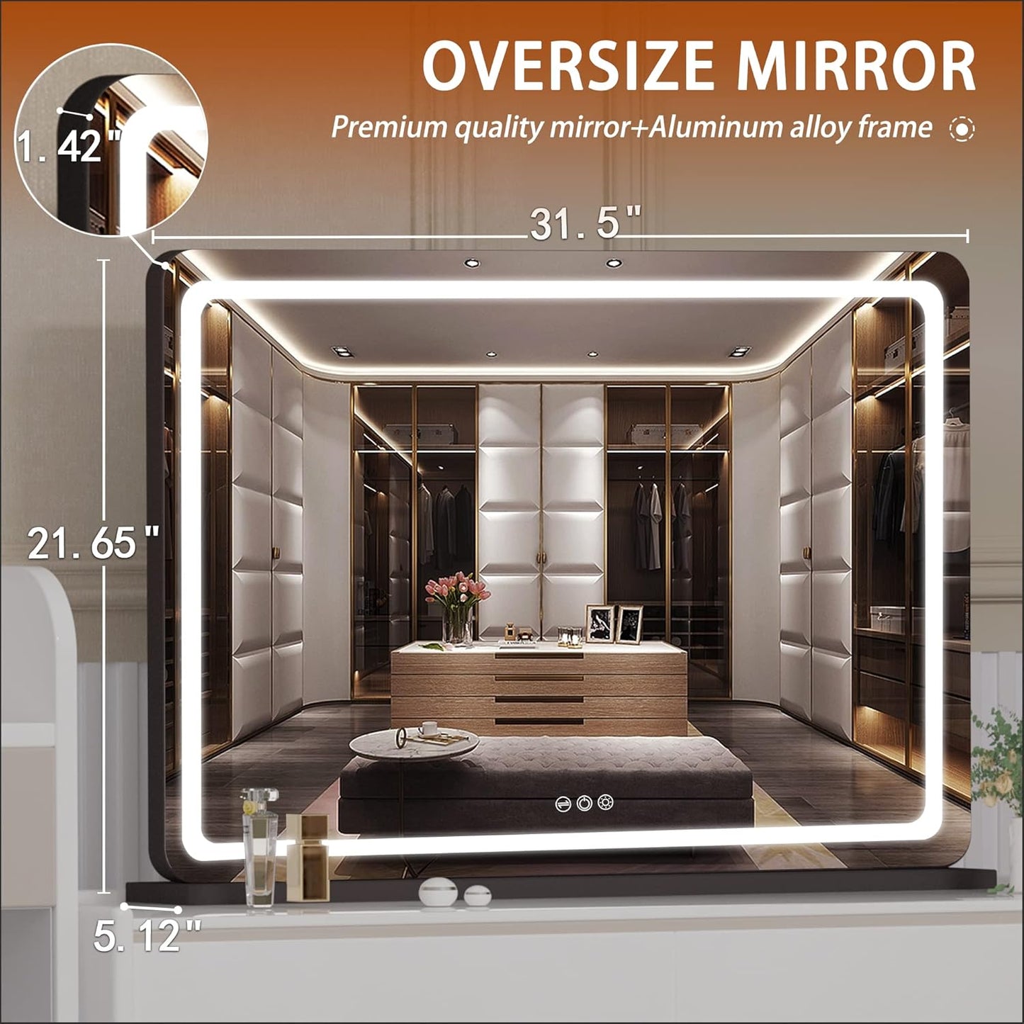 Hasipu Vanity Mirror with Lights, 31.5" x 22" LED Makeup Mirror, Lighted Makeup Mirror with Dimmable 3 Modes, Touch Screen Control Vanity Mirror Round Black