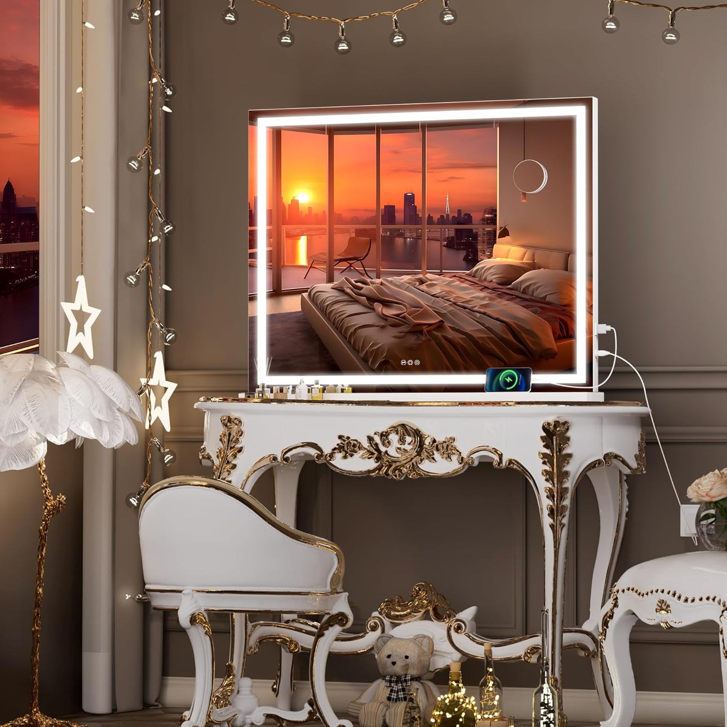 Hasipu Vanity Mirror with Lights, 37" x 26" LED Makeup Mirror, Lighted Makeup Mirror with Dimmable 3 Modes, Touch Screen Control Vanity Mirror Square White