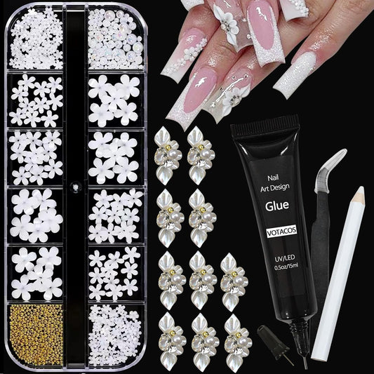 Nail Art Charms with Rhinestones Glue Gel Flatback Pearls Nail Charms Luxurious Nails Supplies Accessories Gold Steel Ball Gems Jewelry Pearls for Women Nails Design