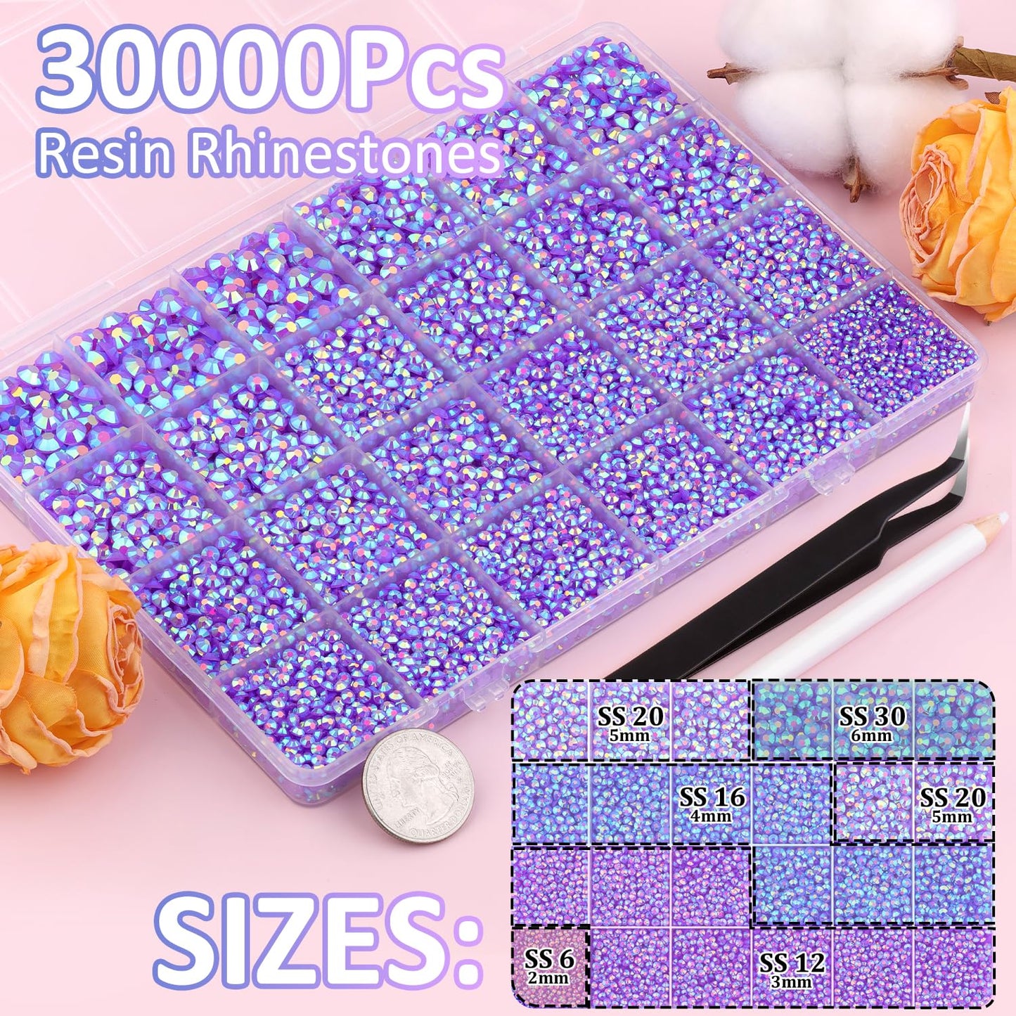 30000Pcs Dark Purple AB Rhinestones for Bedazzling with B7000 Jewelry Glue, Bedazzler Kit Flatback Gems, Resin Rhinestones for Crafting Crafts Clothing Shoes Fabric Nail Art Assorted Size 2/3/4/5/6mm