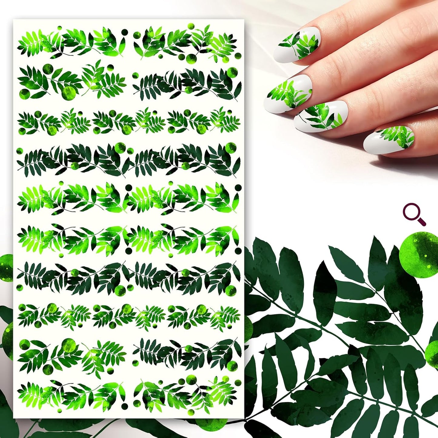 Nail Stickers Decals (5 Sheets) FLONZNAIL Bright Green Leafy Fronds Nail Decor Transfer Vintage Styled Stickers