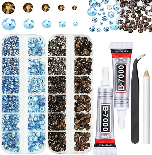 Rhinestones for Bedazzling with B7000 Glue, Light Blue Brown 2mm 3mm 4mm 5mm 6mm (SS8-SS30) Non-Hotfix Flatback Diamonds Kit, Nail Crystals Gems Beads for Bedazzle Crafting, DIY Nail Art