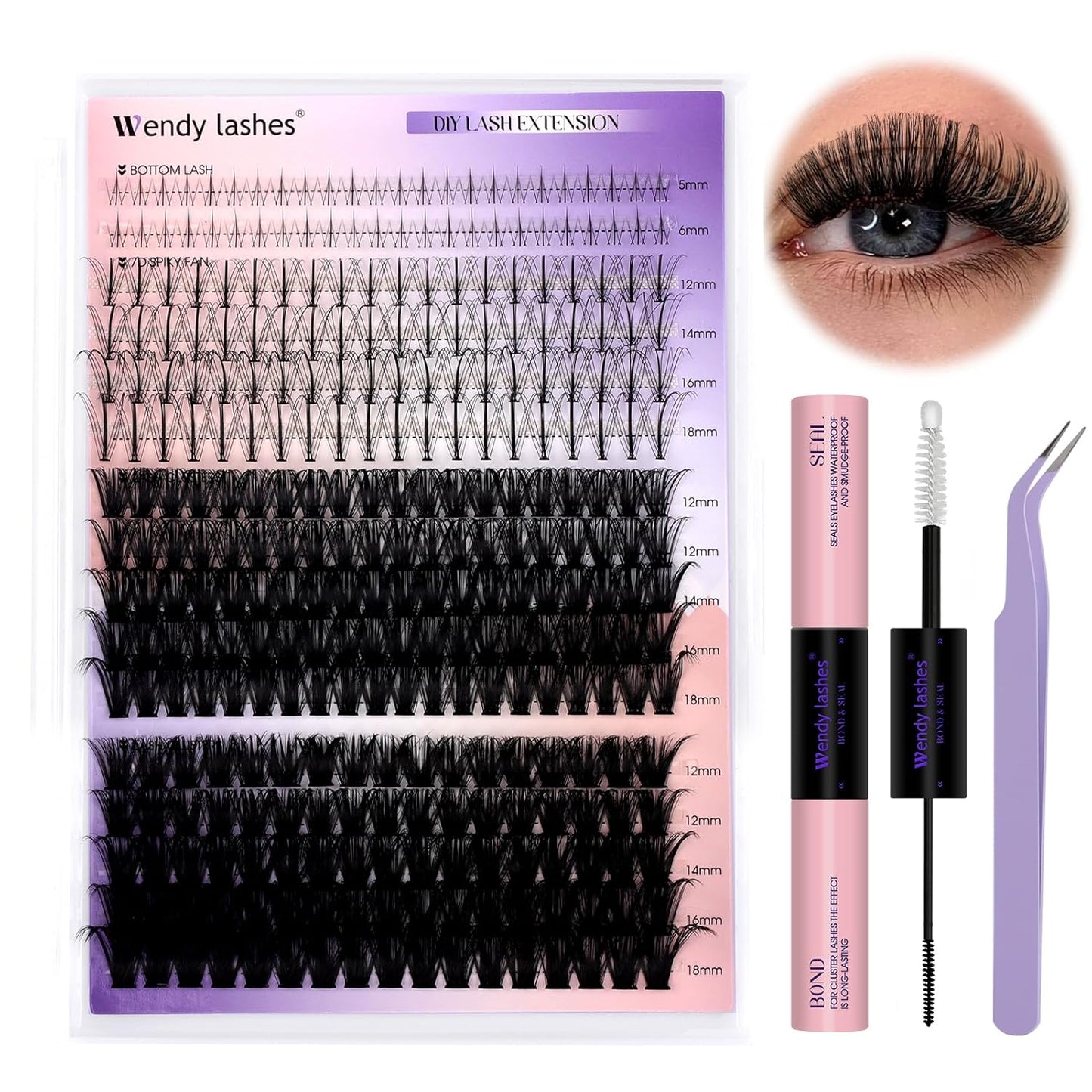 Lash Clusters Kit With Bottom Lashes 60/80/100/200D DIY Lash Extension Kit 12-18mm Multi-types Individual Lashes Bond and Seal, Spike, Volume Lashes Kit Lash Applicator(60/80 Kit)