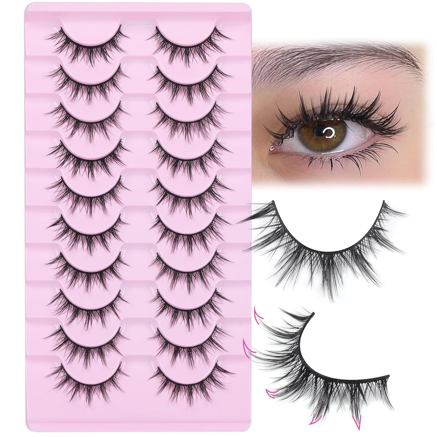 FANXITON Manga Lashes Wispy Natural Look Faux Eyelashes 10 Pairs Asian 3D False Eyelashes 14 mm Cat Eye Lashes Pack