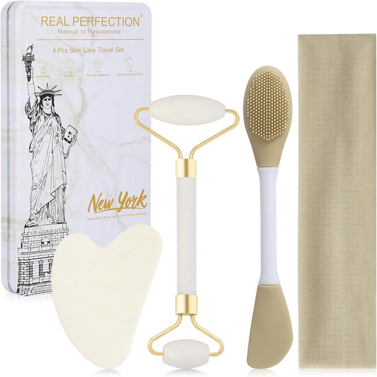 Real Perfection Gua Sha Facial Tools Face Roller for Wrinkles Jade Roller and Gua Sha Set, Scrubber Pore Brush Headband Skin Care Tools for Travel Skincare Routine Massaging Reducing Puffiness - White