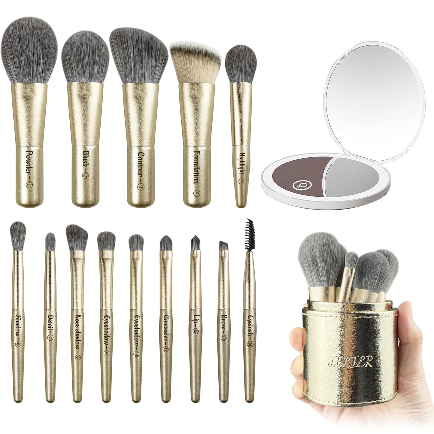Jilier 14 pcs Mini Makeup Brushes and Pocket Mirror, Travel Makeup Brush Set, LED Compact Mirror with Light, Travel Size with Case, Portable for Handbag, Travel Essentials for Women