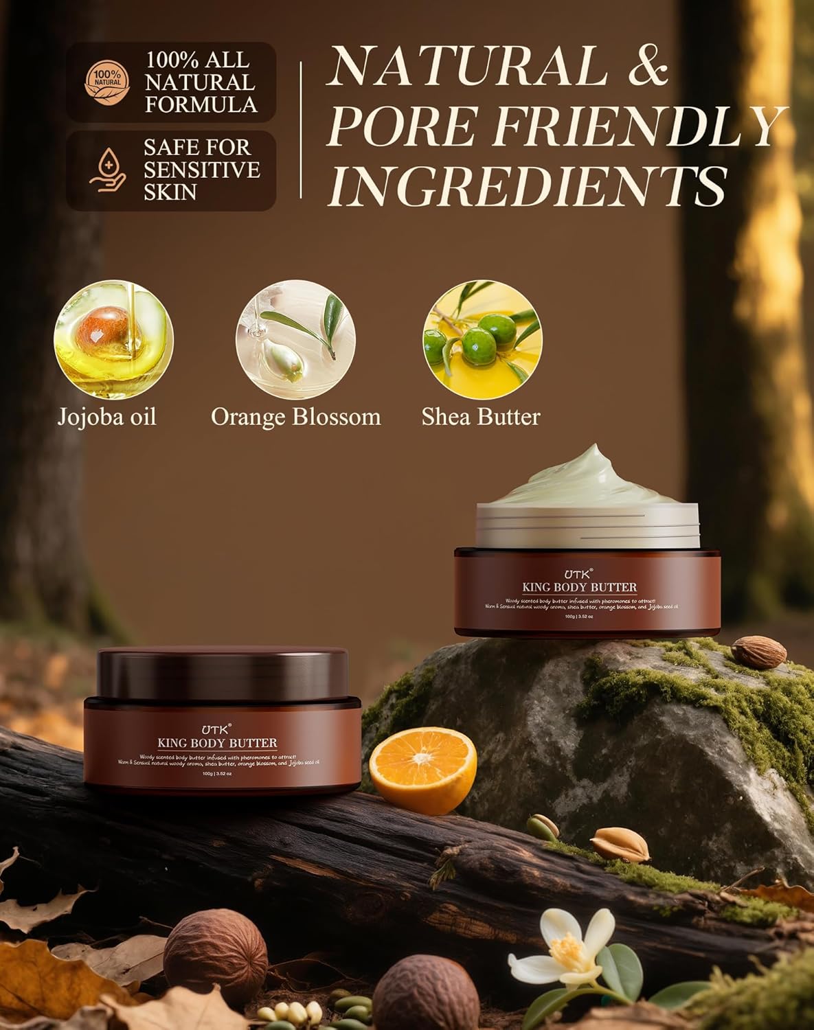 King Body Butter for Men, Mixed Woody Fragrance & Orange Blossom, Warm and Sensual Scent, Organic Shea & Jojoba Seed Oil, Moisturizing Formula with All-Day Fragrance,3.52oz, Enhance Attractiveness