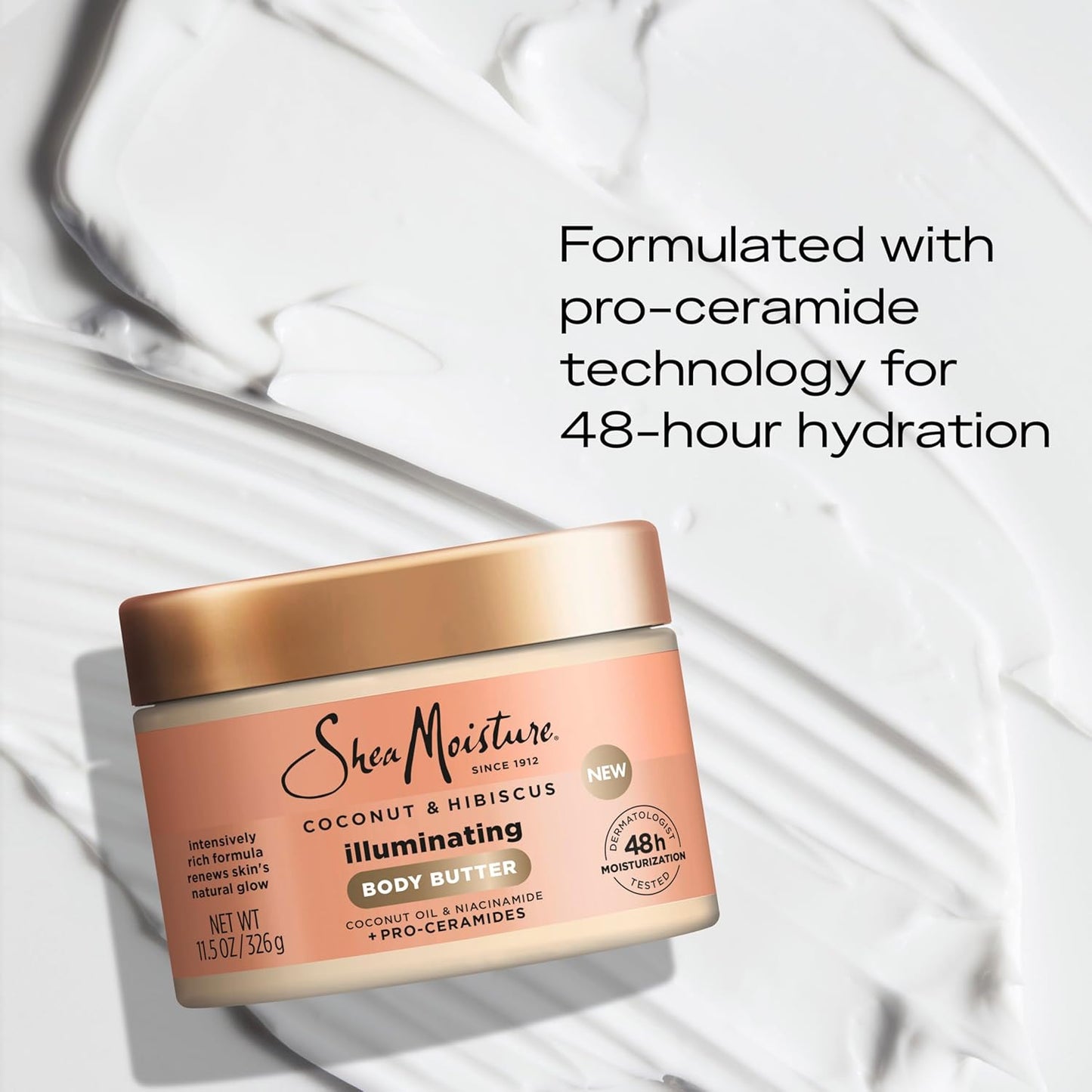 SheaMoisture Illuminating Body Butter with Coconut & Hibiscus, Niacinamide and Pro-Ceramides, Renewing Skin’s Natural Glow, 48H Moisturizing 11.5 oz