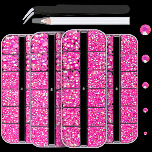 7000PCS Resin Rhinestones with Tweezers for Crafting, 2/3/4/5/6mm Flatback Jelly Rhinestones, 4 Box Hot Pink AB Non Hotfix Crystal Gems for DIY Crafts Mugs Tumblers Clothes Makeup Nail