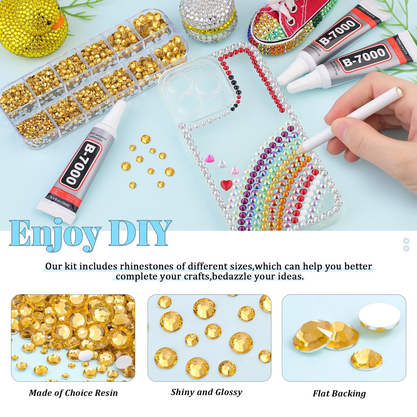 6000Pcs Resin Rhinestones for Bedazzling with 3Pcs B7000 Jewelry Glue, 1 Box Golden Flatback Rhinestones for Crafting Crafts DIY, Crystals Gems for Clothing Shoes Tumblers Nail Art Makeup