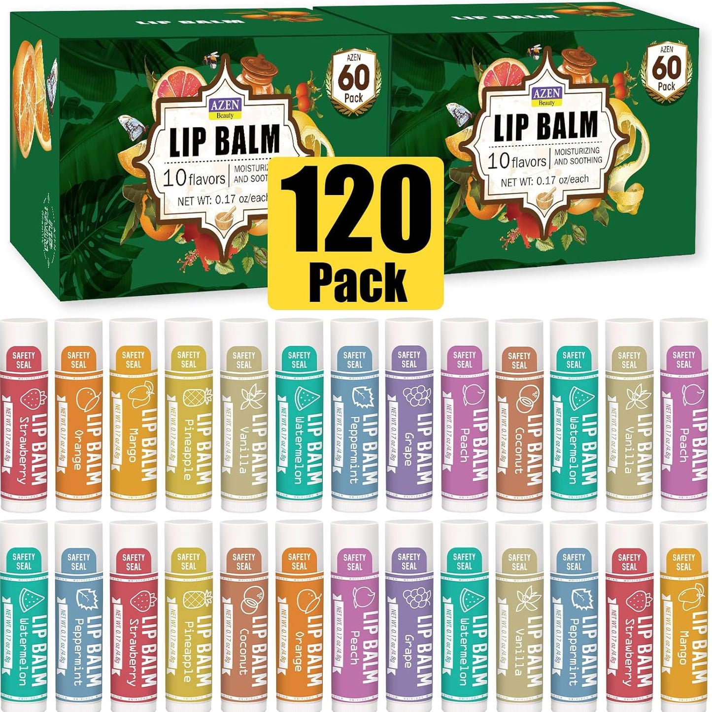 AZEN 120 Pack Lip Balm, Natural Lip Balm Bulk, Lip Care Product, Christmas Stocking Stuffers, Christmas Gifts for Women Girls - 10 Flavors